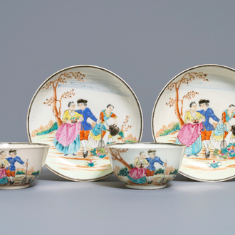 Twee fijne Chinese famille rose koppen en schotels met Europees decor, Qianlong